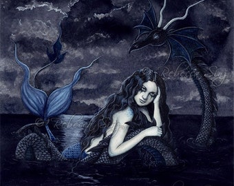 Darkest Night PRINT Mermaid Gothic Fantasy Art Night Sea Dragon Dark Blue Ocean Watercolor 4 SIZES