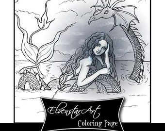 Coloring Page PRINTABLE Mermaid Dragon Gothic Ocean Moon Sea Serpent Fantasy Art Adult Coloring Instant Digital Download Line Art Printable