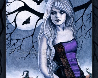 All Hallows' Eve PRINT Gothic Halloween Pumpkins Bats Corset Fantasy Art 3 SIZES