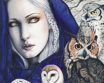 Wisdom PRINT Woman Shaman OWLS birds Fantasy Art Blue Snowy Owl Barn Owl Great Horned Owl Nature Portrait Watercolor 4 SIZES