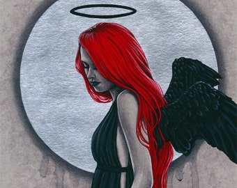 Black Halo PRINT Gothic Fantasy Art Angel Red Black Silver Portrait Wings Dark Red Hair Woman 4 SIZES