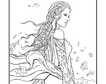 Coloring Page PRINTABLE Gothic Witch Beautiful Woman Sea Shore Dress Fantasy Art Adult Coloring Instant Digital Download Line Art Printable