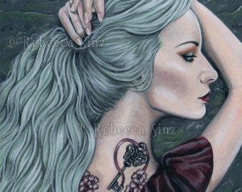 Silence PRINT Art Woman Portrait Gothic Pastel Goth Tattoos Lock and Key Mint Green Hair Profile Long Hair Bubblegoth Acryl gouache 3 SIZES