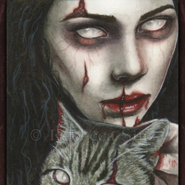 The End of All Things PRINT Gothic Zombie Woman Cat Horror Gore Blood Dark Art Undead Death Portrait Watercolor 3 SIZES