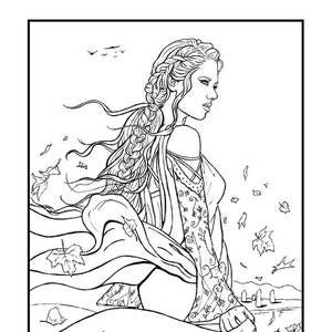 Coloring Page PRINTABLE Gothic Witch Beautiful Woman Sea Shore Dress Fantasy Art Adult Coloring Instant Digital Download Line Art Printable