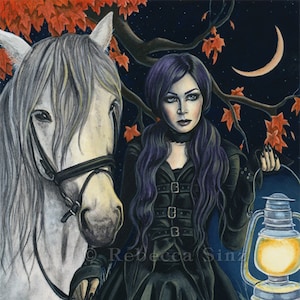 The Night Watch PRINT Gothic Fantasy Art Horse Witch Elf Woman Autumn Night Crescent Moon Leaves Lantern Dark 4 SIZES image 1