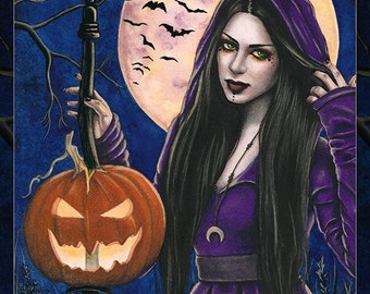 Halloween Night PRINT Gothic Witch Pumpkin Jack-o-Lantern Bats Harvest Moon Spooky Dark Art Fantasy 4 SIZES