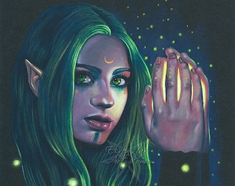 Firefly PRINT Elf Fairy Fantasy Portrait Glow Magic Neon Yellow Green Black Dark 4 SIZES