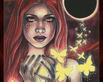 Celestial Magic PRINT Goddess Woman Sun Eclipse Butterflies Yellow Red Glow Portrait Space Fantasy Art 3 SIZES