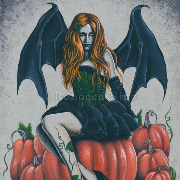 Pumpkin PRINT HALLOWEEN Gothic Fantasy Art Pinup Corset Orange Black Green Sexy Demon 4 SIZES