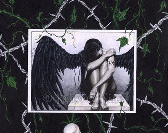 Dark Angel ORIGINAL Malerei Gothic Fantasy Kunst Rosen Stacheldraht Mixed Media Aquarell Tinte