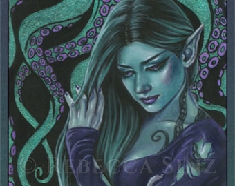 May include: Illustration of a teal-skinned woman with long teal hair and pointed ears, wearing a dark purple top. The background features teal and purple tentacles. The artist's name, Rebecca Sinz, and Elvenstar Art.com are visible.