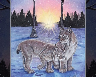 5 of Pentacles Tarot Card Art PRINT Lynx Snow Winter Sunrise Trees Blue Pink Cold Watercolor Colored Pencil Animals Cats 4 SIZES