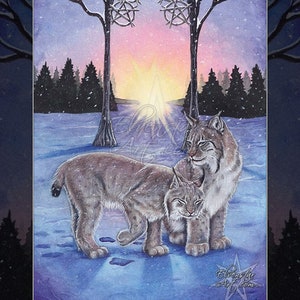 5 of Pentacles Tarot Card Art PRINT Lynx Snow Winter Sunrise Trees Blue Pink Cold Watercolor Colored Pencil Animals Cats 4 SIZES 8.5 x 11 inches