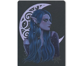 Filigree Moon ACEO print Fantasy Art Elf Fairy Celestial Stars Night Blue Hair Purple Portrait Profile Face Artist Trading Cards ATC