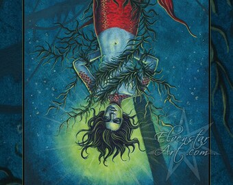 The Hanged One PRINT Tarot Art Mermaid Non-binary Ocean Seaweed Sea Sunken Ship Tarot Card Fantasy Red Blue Androgynous 4 SIZES