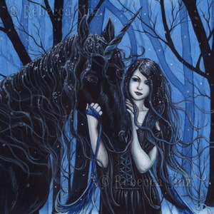 Midnight Travelers PRINT Gothic Fairy Unicorn Winter Black Blue Snow Fantasy Art Watercolor 4 SIZES image 3