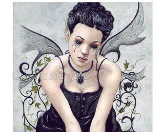 Gothic Lament PRINT Fantasy Art Dark Fairy Fae Victorian Black Hair Dress Sad Emotion Rose Ivy 3 SIZES