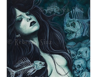 May include: A watercolor painting of a mermaid with long dark hair, surrounded by a pile of skulls and skeletal fish. The mermaid is depicted with a pale green skin tone and a melancholic expression. The painting is done in shades of blue and green, creating a dark and mysterious atmosphere.