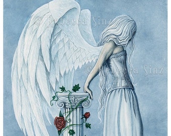 Hope LUXE Matte Fine Art Print 11 x 14 Inch Fantasy Art Angel Blue Emotion White Wings Hair Dress Roses Column Corset