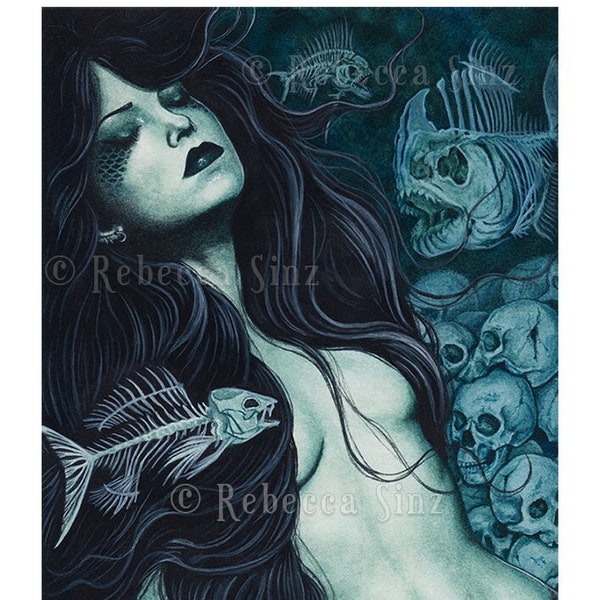 Dead Sea PRINT Gothic MERMAID skulls fish skeleton Fantasy Art Teal Dark Creepy Green 4 SIZES