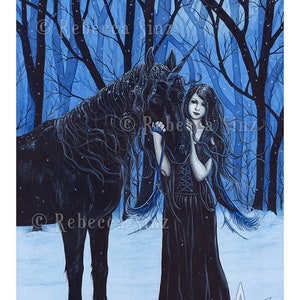 Midnight Travelers PRINT Gothic Fairy Unicorn Winter Black Blue Snow Fantasy Art Watercolor 4 SIZES image 1