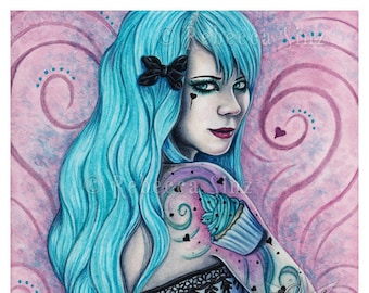 Cupcake PRINT Sweet Things Series Bubblegoth Goth Tattoos Pastel Goth Gothic Pink Turquoise Teal Hearts Portrait 4 SIZES
