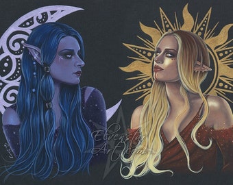 Filigree Moon And Sun 19x13 Print Celestial Fantasy Elf Portraits Painting Blue Gold Stars Elves Acrylic Duo