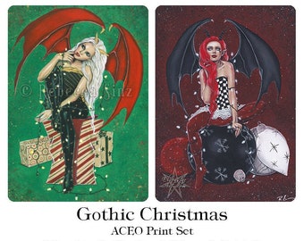 Gothic Christmas Demons ACEO Print SET Wings Fantasy Art Christmas Lights Red Black Green Dark Holiday Art Artist Trading Cards ATC