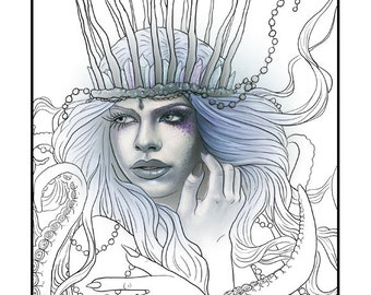 Coloring Page Printable Gothic Witch Beautiful Woman Sea