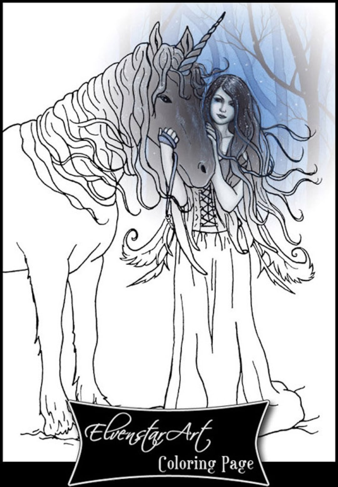 Coloring Page PRINTABLE Gothic Fairy Unicorn Fantasy Art Instant