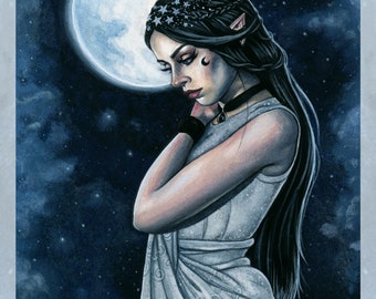 Elven Moon PRINT Fantasy Art Elf Fairy Woman Full Moon Night Sky Stars Celestial Blue Portrait 4 SIZES