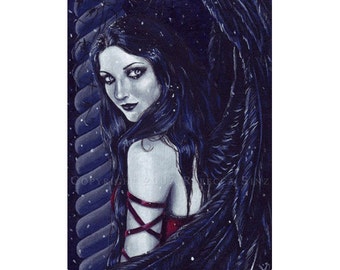 Silent Night ACEO Print Artist Trading Cards ATC Fantasy Art Gothic Angel Navy Blue Snow Acrylic Portrait