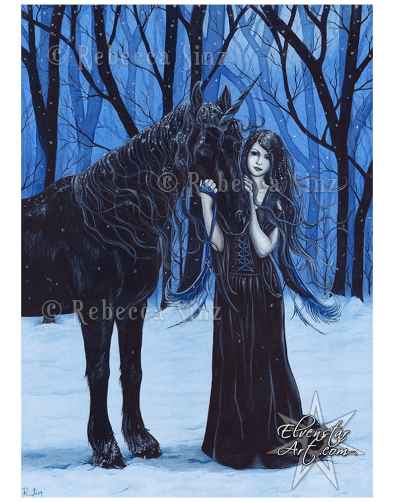 Midnight Travelers PRINT Gothic Fairy Unicorn Winter Black Blue Snow Fantasy Art Watercolor 4 SIZES image 1