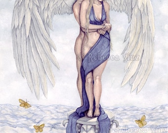 Eros and Psyche ORIGINAL PAINTING Cupid Angel Romance Love Mythology White Angel Wings Clouds Column Watercolor