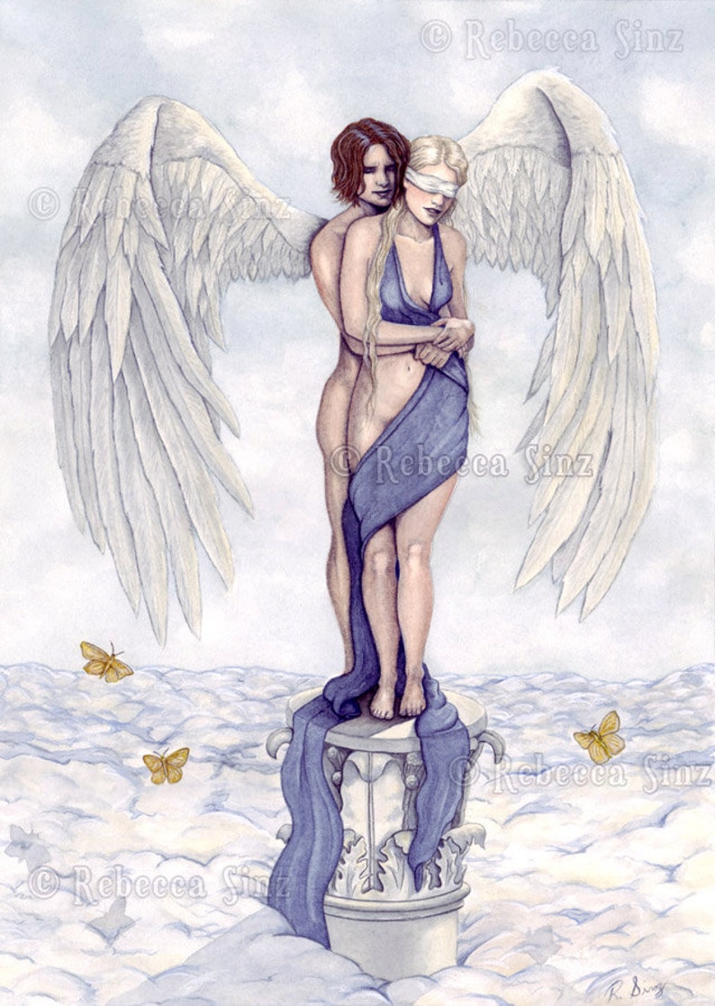 Eros and Psyche ORIGINAL PAINTING Cupid Angel Romance Love Mythology White Angel Wings Clouds Column Watercolor image 1