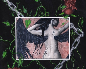 Dark Angel ORIGINAL Painting Gothic Fantasy Art Roses Chains Red Mixed Media Watercolor Ink