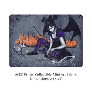 Midnight Minions ACEO Print Gothic HALLOWEEN Art Artist Trading Cards ATC Fantasy Art Skeleton Cats Pumpkins Creepy Cute