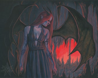 The Darkness PRINT Gothic Fantasy Art Demon Demoness Female Red Hair Horns Bat Wings Cave Dark Art Sexy 4 SIZES
