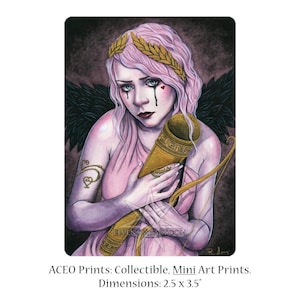 Empty ACEO Print Artist Trading Cards ATC Gothic Angel Cupid Girl Pink Hair Pastel Goth Black Wings Fantasy Art