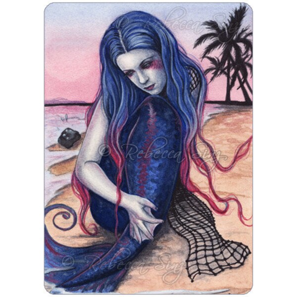 Sunset ACEO Print MERMAID shore Sea Beach Water Sand Tropical Pink Blue Palm Trees Artist Trading Cards ATC Fantasy Art