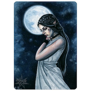 Elven Moon ACEO Print Fantasy Art Elf Fairy Woman Full Moon Night Sky Stars Celestial Blue Portrait  Artist Trading Cards ATC