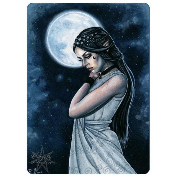 Elfen Mond ACEO Druck Fantasy Kunst Elf Eelf Fee Frau Vollmond Nacht Himmel Sterne himmlischen blauen Portrait Künstler Trading Cards ATC