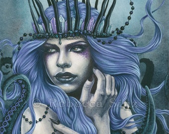 Sea Witch PRINT Gothic Fantasy Art tentacles crown purple teal cecaelia woman portrait Watercolor 4 SIZES