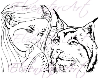 DIGI Stamp Printable Scrapbooking Card Making Crafts Fantasy Lynx Shaman Animal Wild Cat Wildlife Portrait Digital Stamp Download Coloring