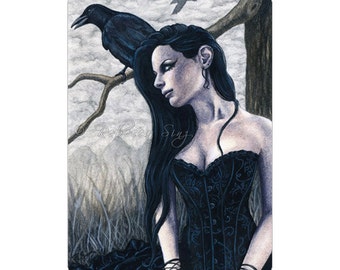 Nevermore ACEO Print Artist Trading Cards ATC crow raven bird Gothic Dark Corset Fantasy Art Portrait