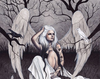 A Glimmer of Hope PRINT Angels Ravens Crows Dark Sad Gothic Black Gray White Emotion Depression Tattoos Ombre Hair Fantasy Art 4 SIZES
