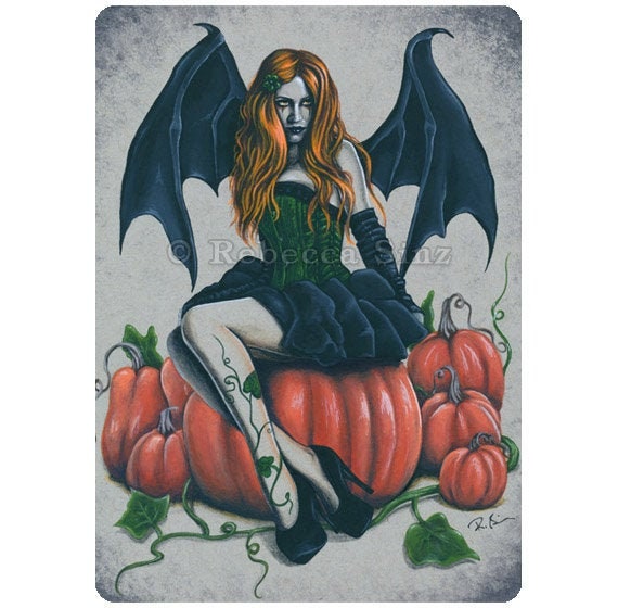 Gothic Fantasy Art ACEO PRINT Pumpkins Halloween Cat