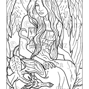 May include: A black and white line drawing of an angel with wings, long hair, and a flowing gown. The angel is holding a small dragon in her lap.