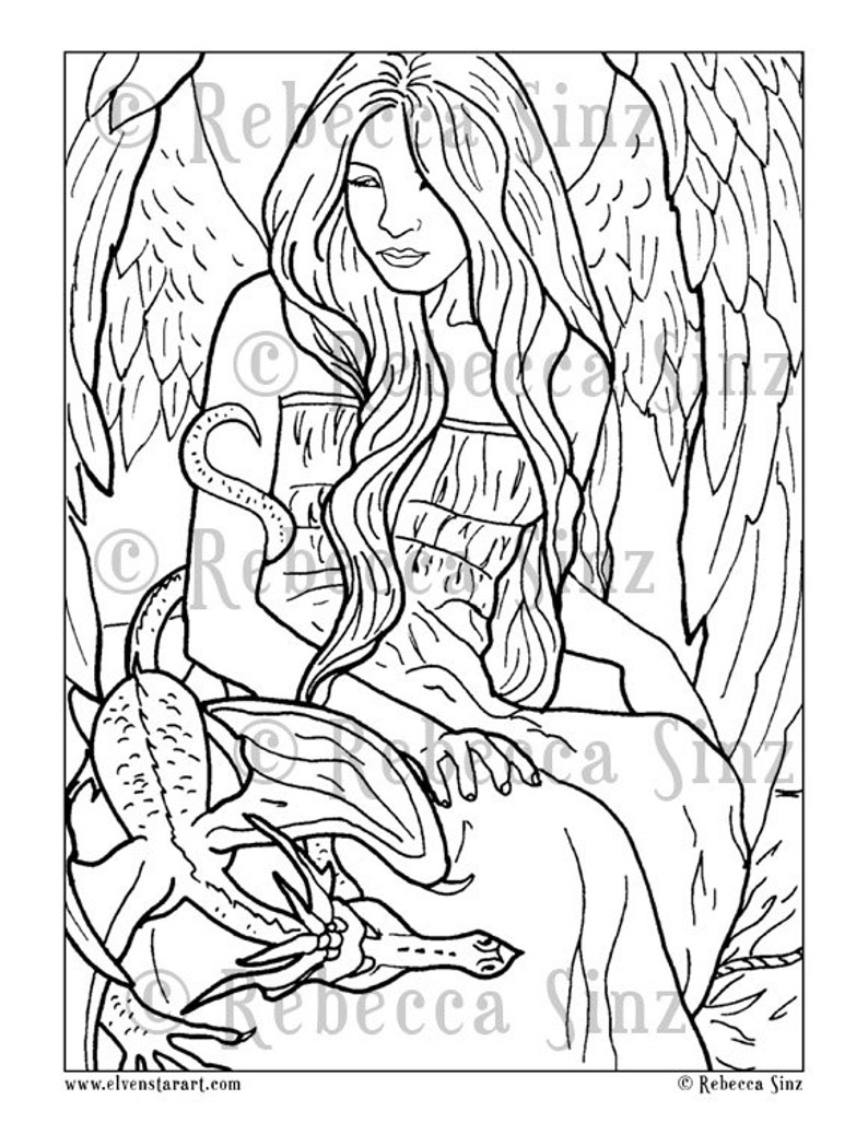 May include: A black and white line drawing of an angel with wings, long hair, and a flowing gown. The angel is holding a small dragon in her lap.